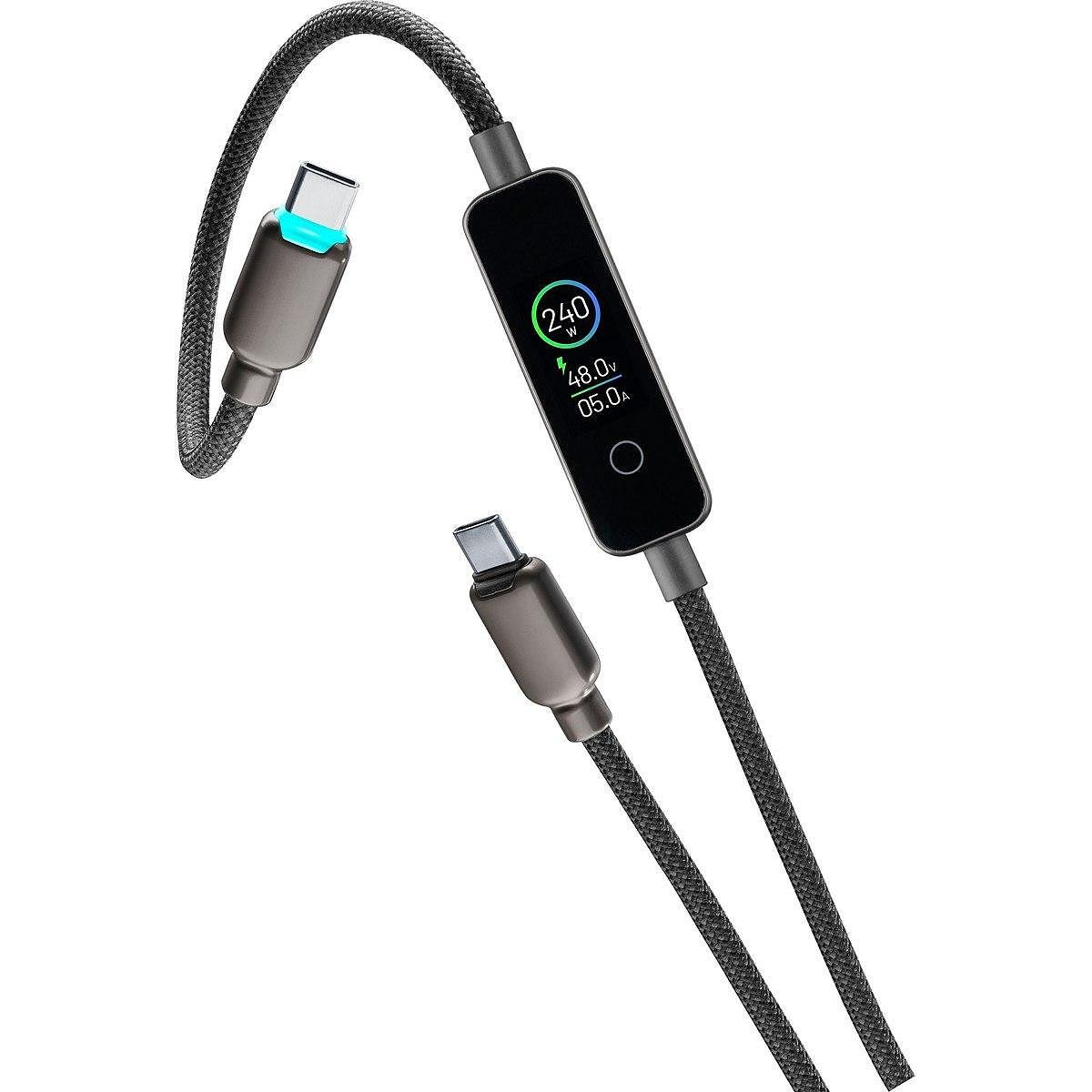 Кабел с TFT дисплей USB-C към USB-C 240W 120 см. черна оплетка